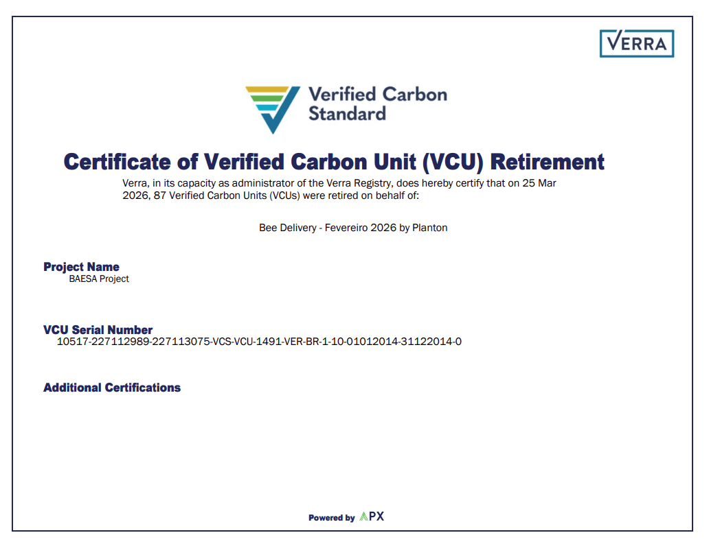 Certificado de aposentadoria de créditos de carbono — Bee Delivery, fevereiro de 2026