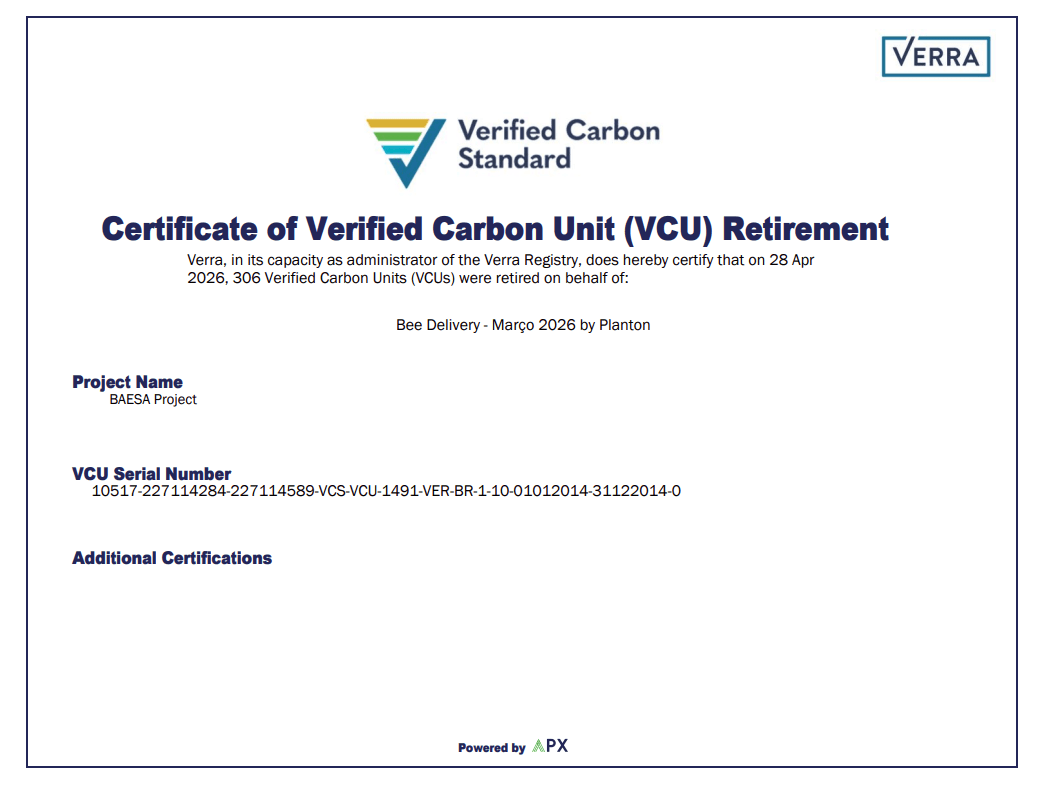 Certificado de aposentadoria de créditos de carbono — Bee Delivery, março de 2026
