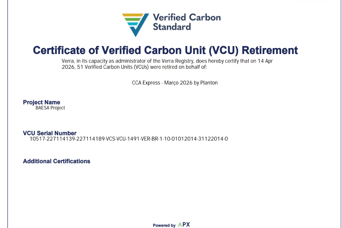 Certificado de aposentadoria de créditos de carbono — CCA Express, março de 2026