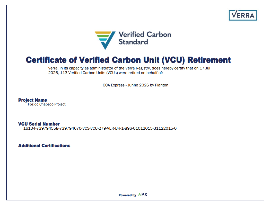 Certificado de aposentadoria de créditos de carbono — CCA Express, junho de 2026