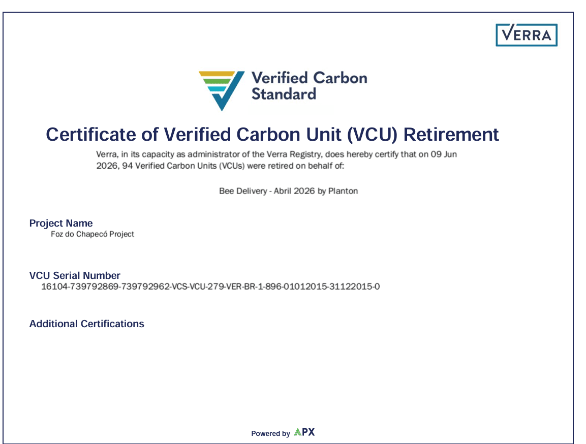 Certificado de aposentadoria de créditos de carbono — Bee Delivery, abril de 2026