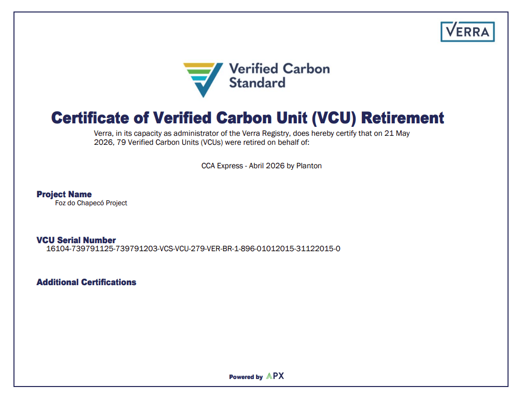 Certificado de aposentadoria de créditos de carbono — CCA Express, abril de 2026
