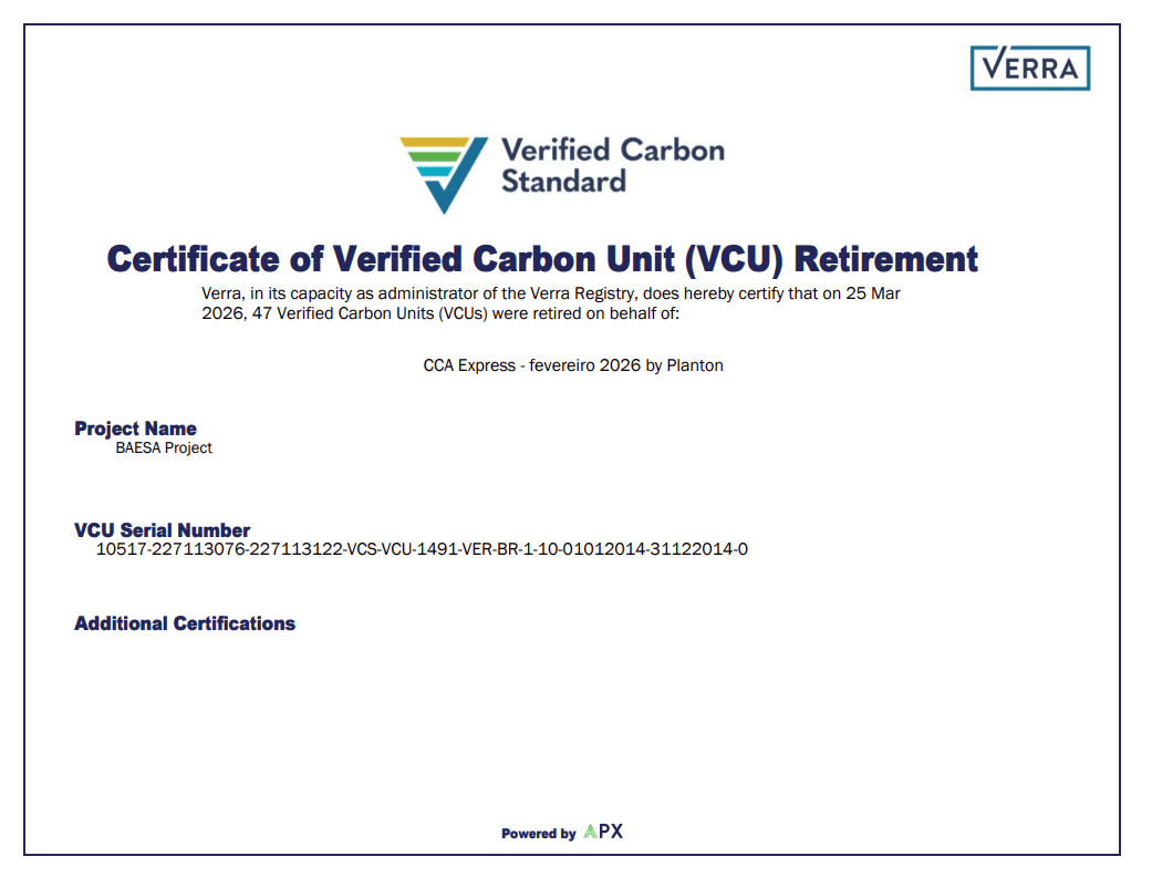Certificado de aposentadoria de créditos de carbono — CCA Express, fevereiro de 2026