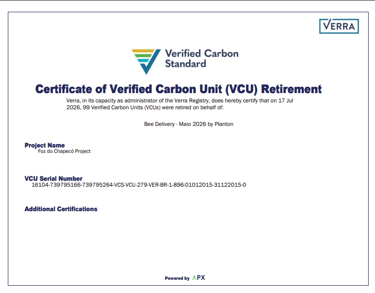 Certificado de aposentadoria de créditos de carbono — Bee Delivery, maio de 2026