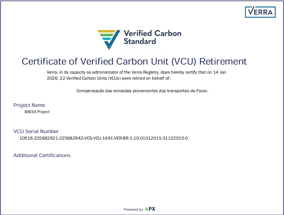 Certificado de aposentadoria de créditos de carbono — Facar, dezembro de 2025