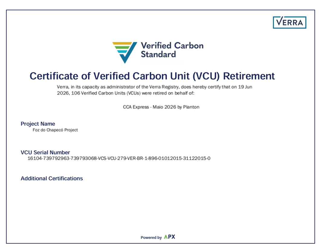 Certificado de aposentadoria de créditos de carbono — CCA Express, maio de 2026